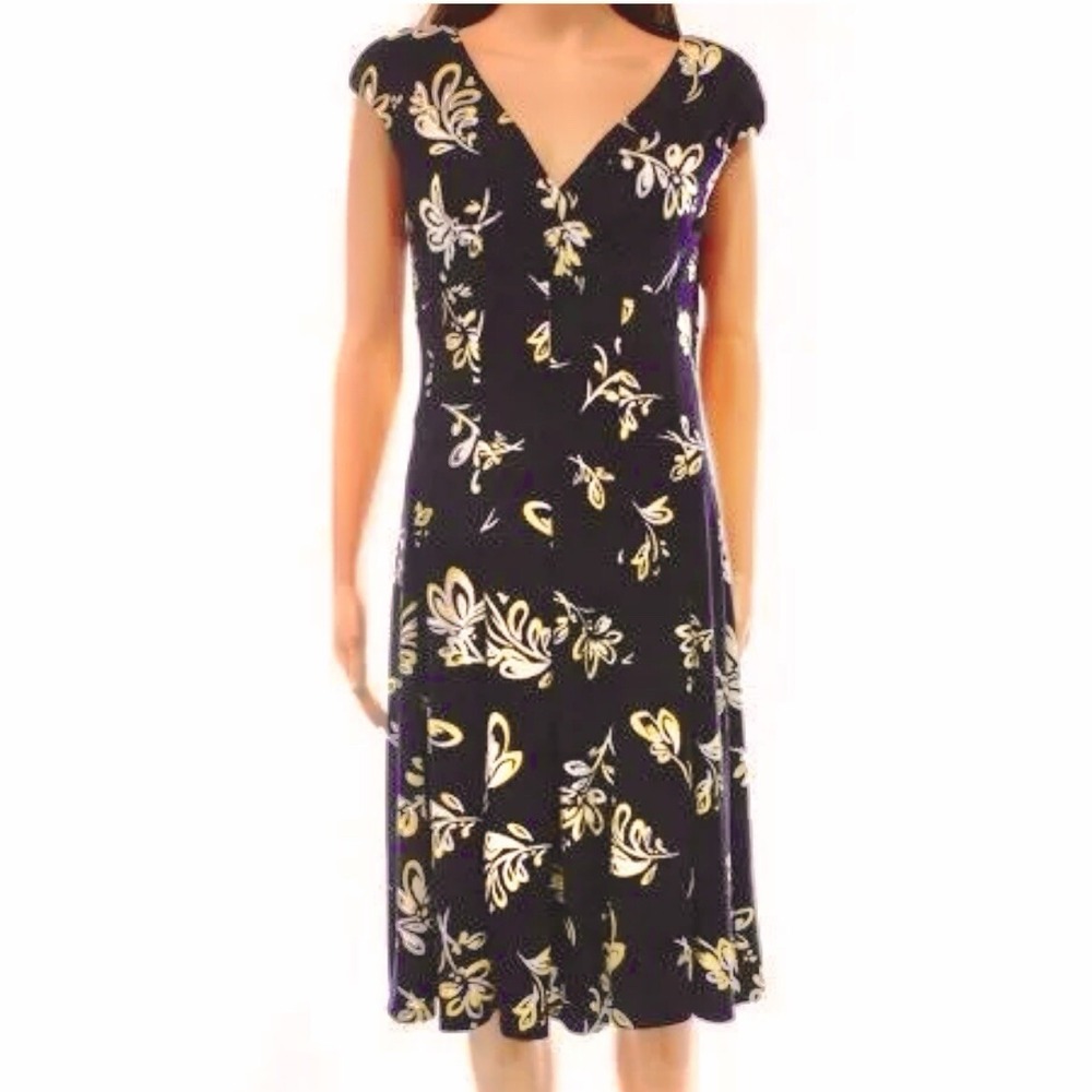 Ralph Lauren Blue‎ Yellow Floral Sleeveless Swing Flare Stretch Dress Size 14